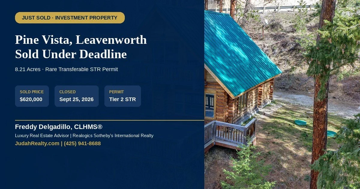 Aerial view of Pine Vista log cabin on 8.21 acres, Chumstick Valley Leavenworth WA