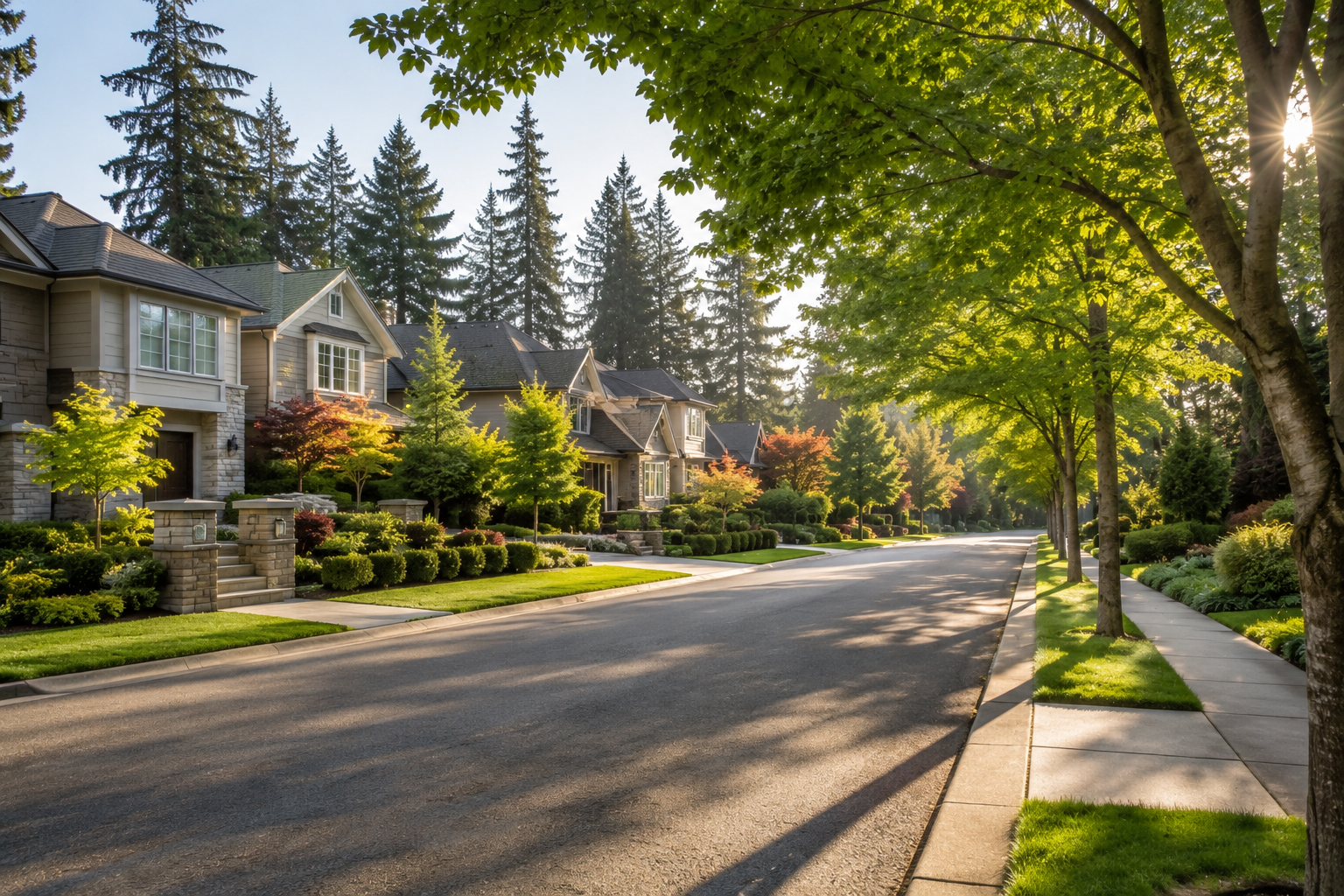 Tree-lined residential street in an Eastside Washington neighborhood with landscaped homes