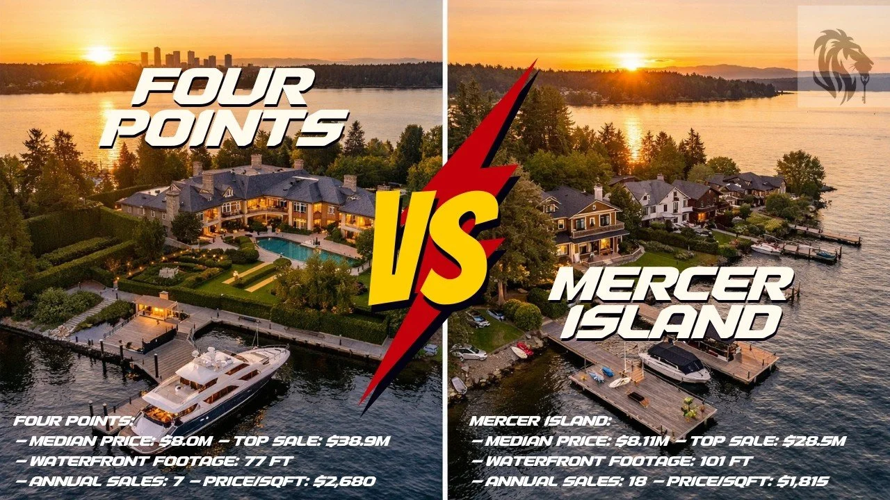 Aerial comparison of Four Points Medina ultra-luxury waterfront estate and Mercer Island family waterfront home on Lake Washington