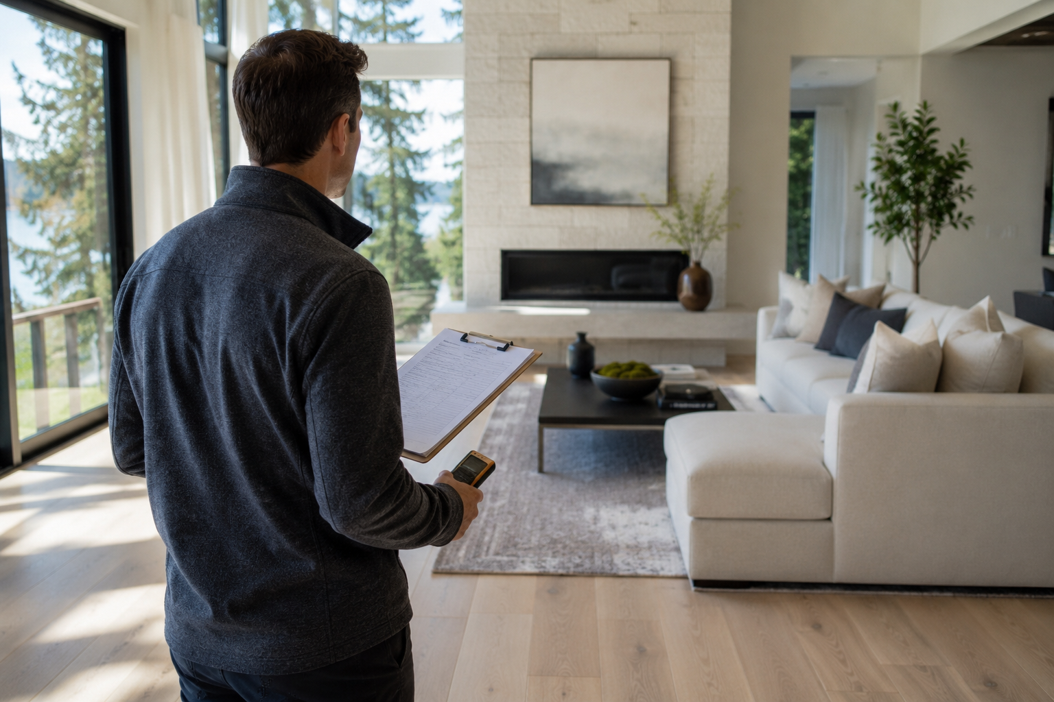 Real estate appraiser evaluating a luxury Eastside home's  interior finishes and condition during the appraisal process