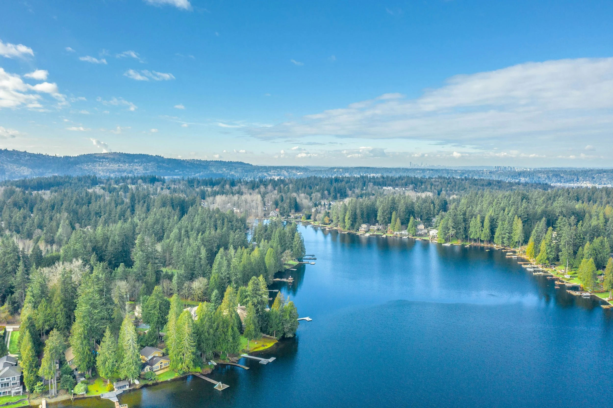 Aerial view of Lake Sammamish waterfront homes along the eastern shore, Issaquah and Sammamish Washington