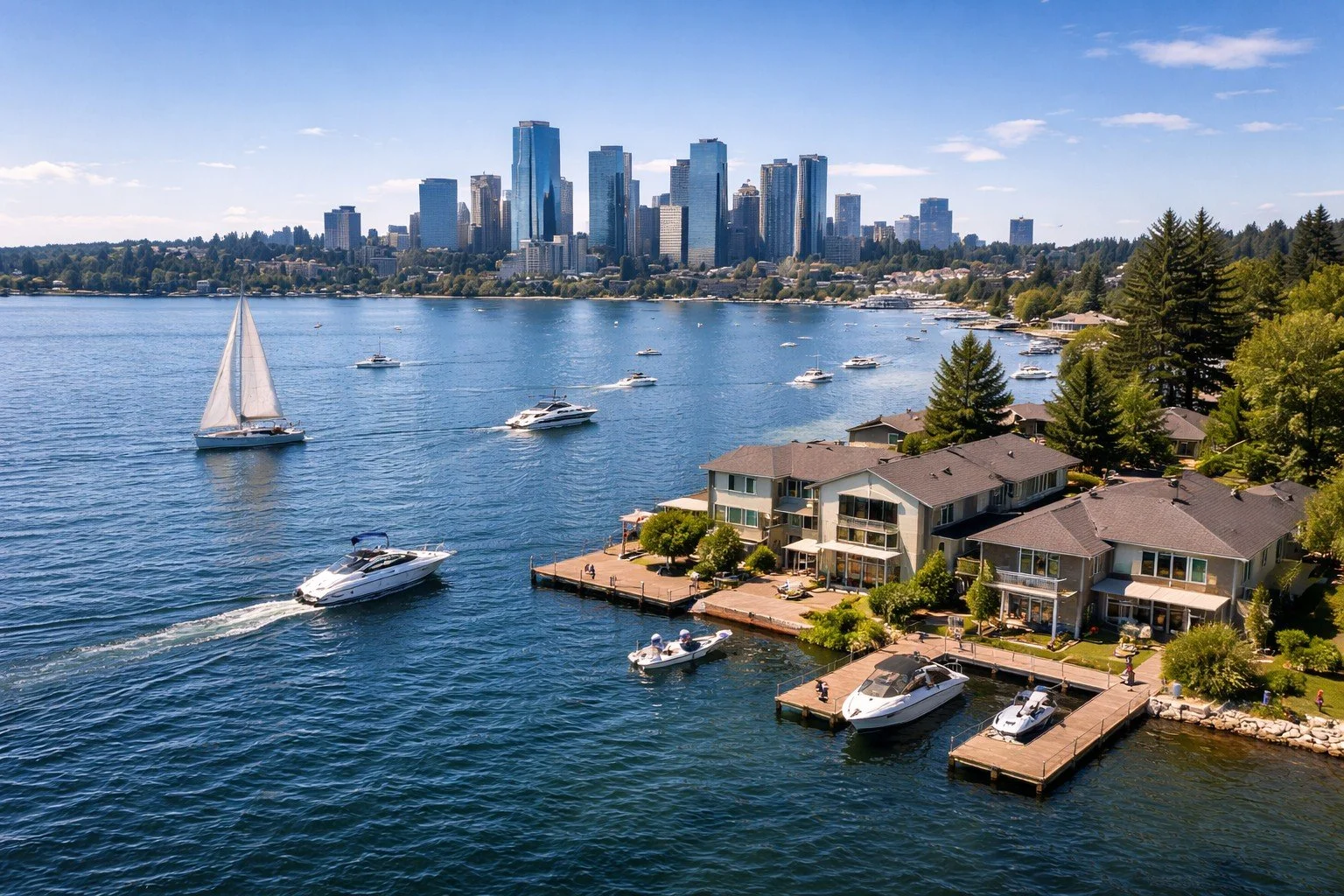 Lake Washington waterfront homes in Bellevue with downtown skyline and active boating culture on sunny day