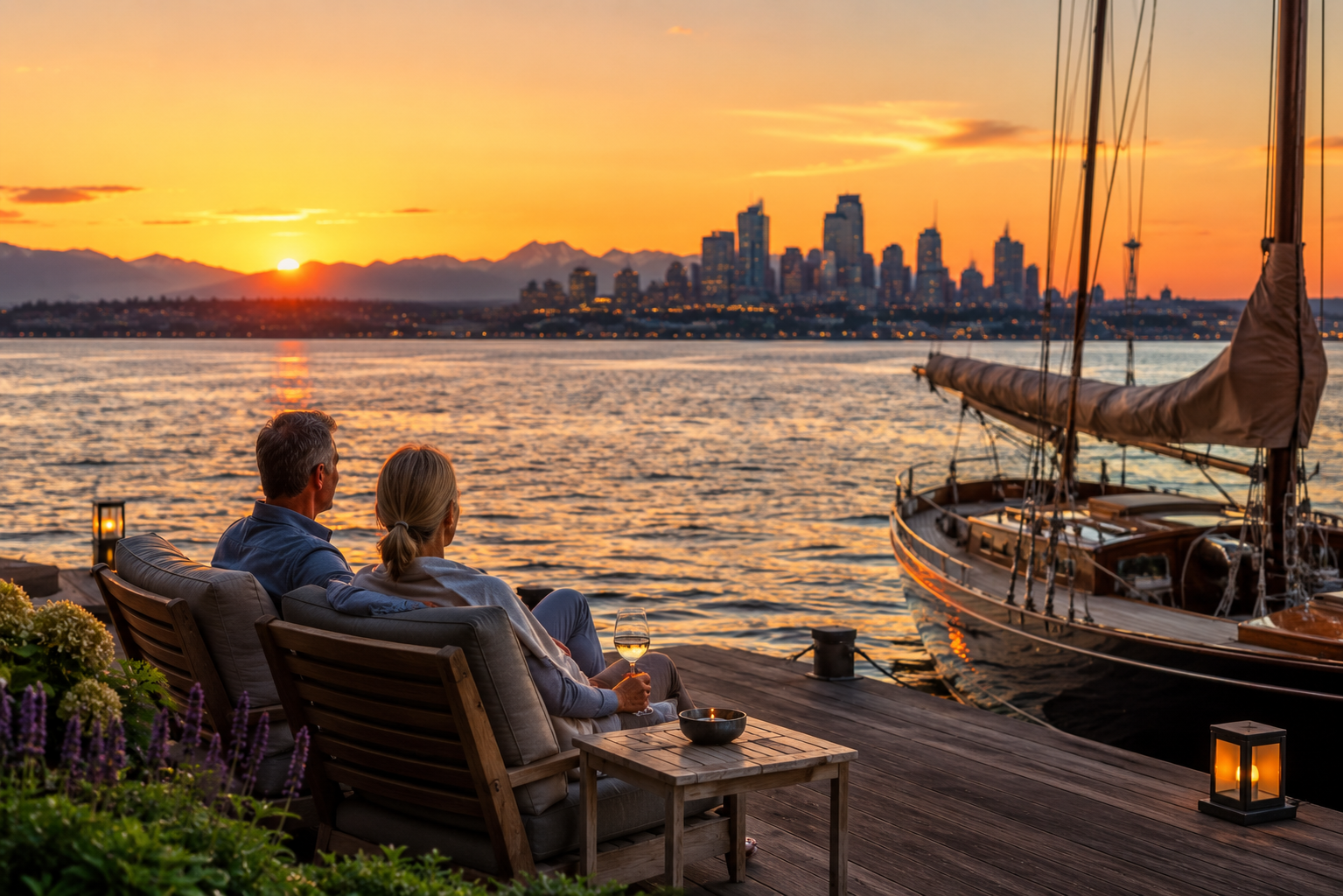 Couple enjoying sunset on private waterfront dock with sailboat moored —  Lake Washington luxury waterfront lifestyle, Eastside Seattle real estate