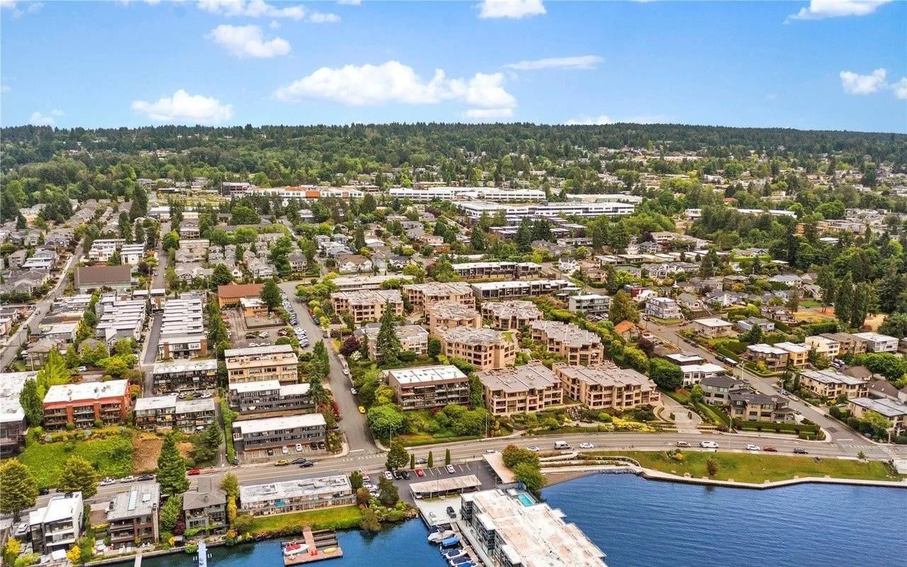 Downtown Kirkland waterfront featuring Shumway Condominiums with Lake Washington marina access, Google Campus proximity, and urban village walkability in Kirkland WA luxury real estate market