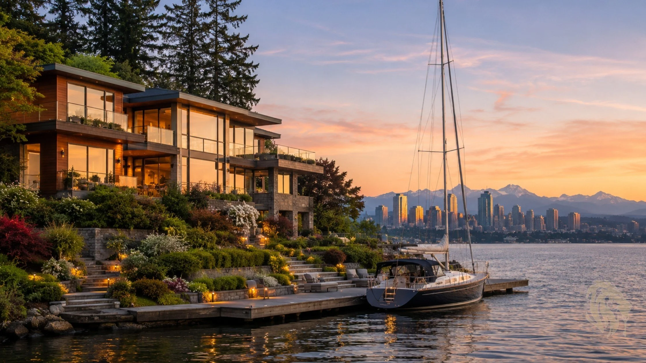 Eastside waterfront real estate aerial — Lake Washington luxury homes Bellevue Kirkland Mercer Island 2026