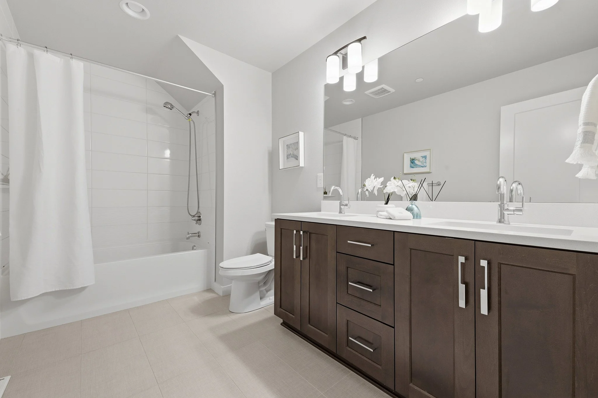 Full bathroom with shower-tub combo and dark wood vanity, English Hill Education Hill Redmond