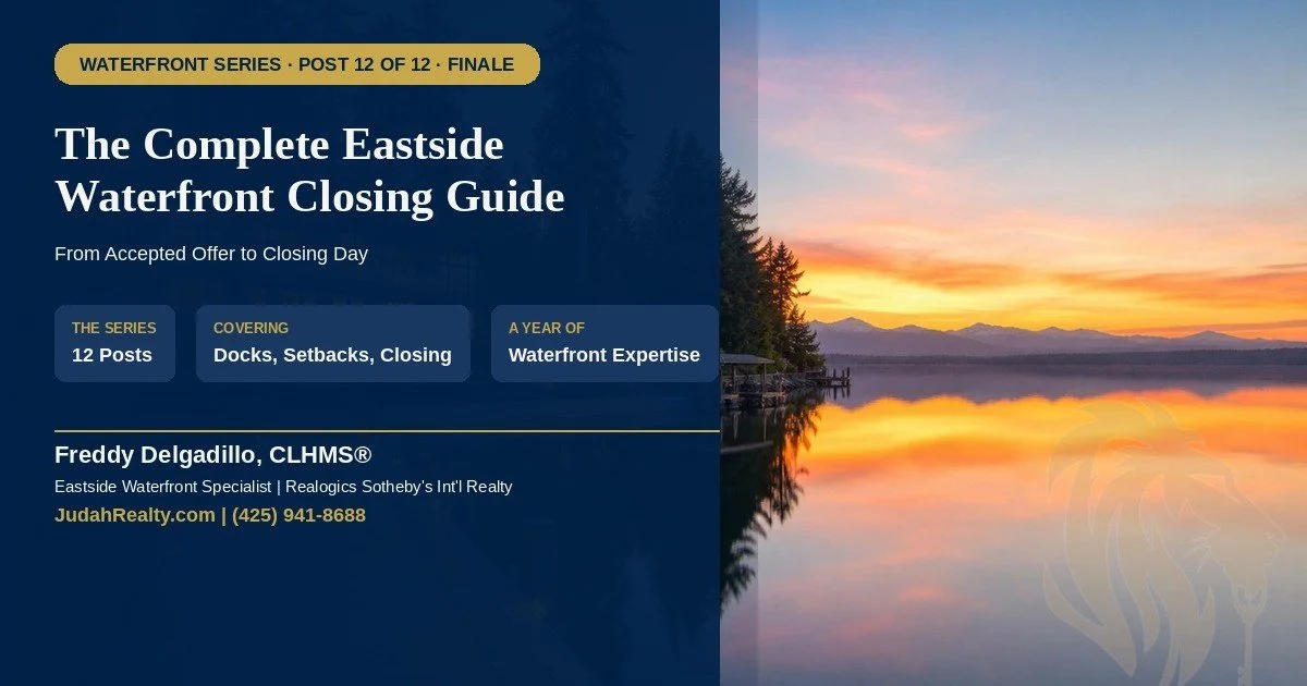 Luxury Eastside waterfront estate at sunset with private dock on Lake Washington, Freddy Delgadillo Judah Realty