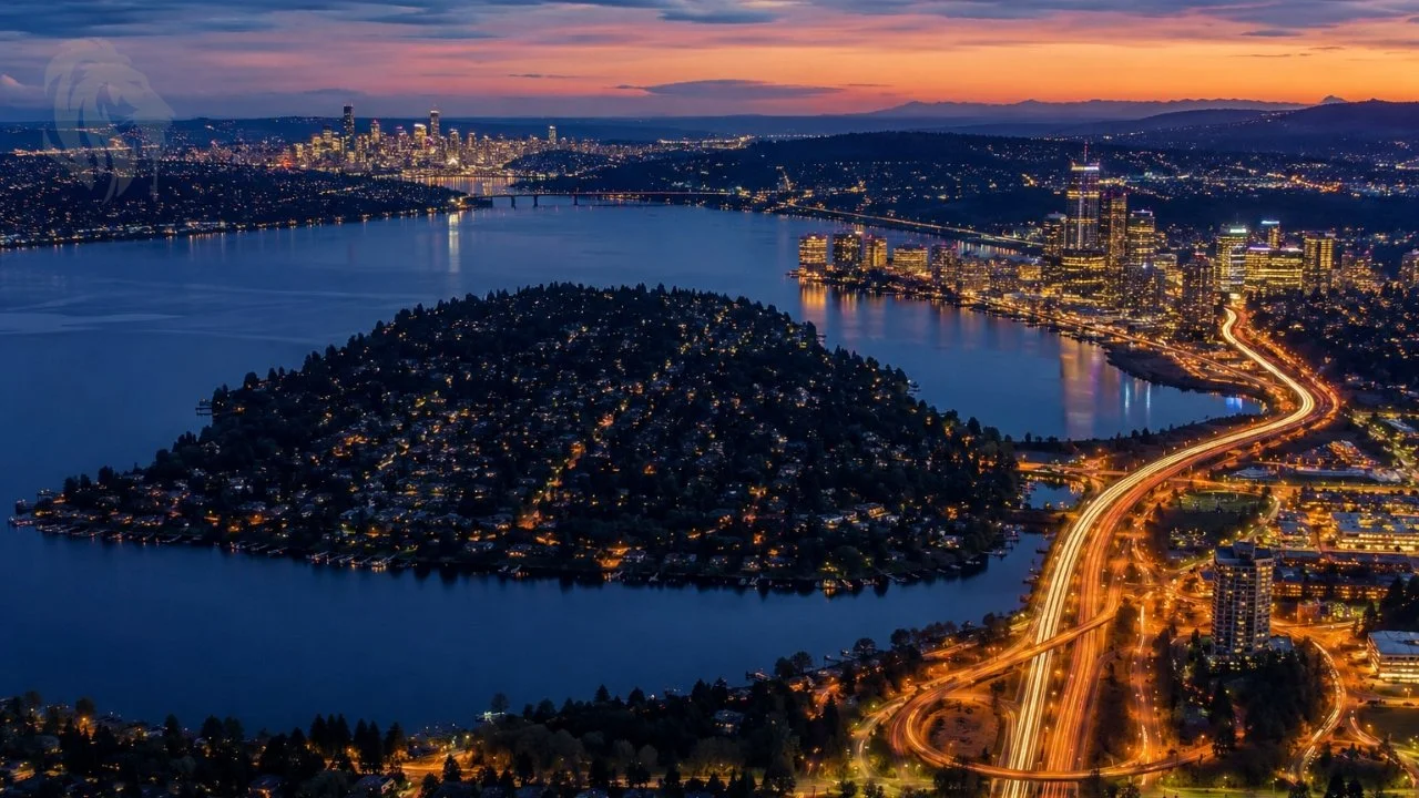 Aerial view of Mercer Island and Bellevue Eastside real estate market comparison April 2026 NWMLS data