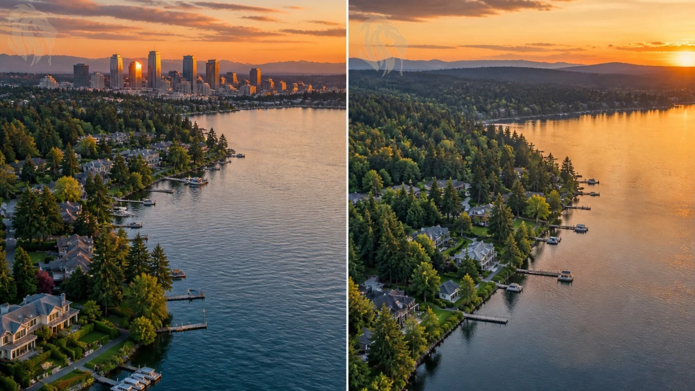 Lake Washington versus Lake Sammamish aerial comparison — Eastside waterfront real estate agent comparing Bellevue Kirkland vs Sammamish Issaquah waterfront markets