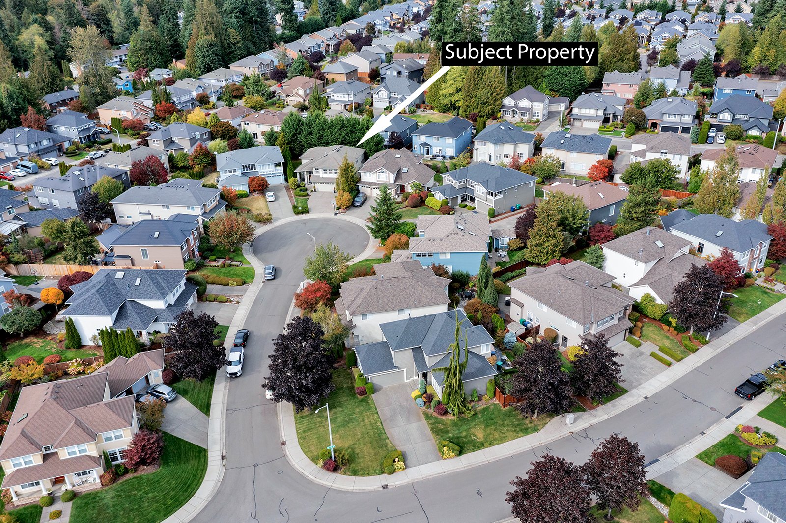 Aerial view of Mill Creek Meadows cul-de-sac — subject property highlighted