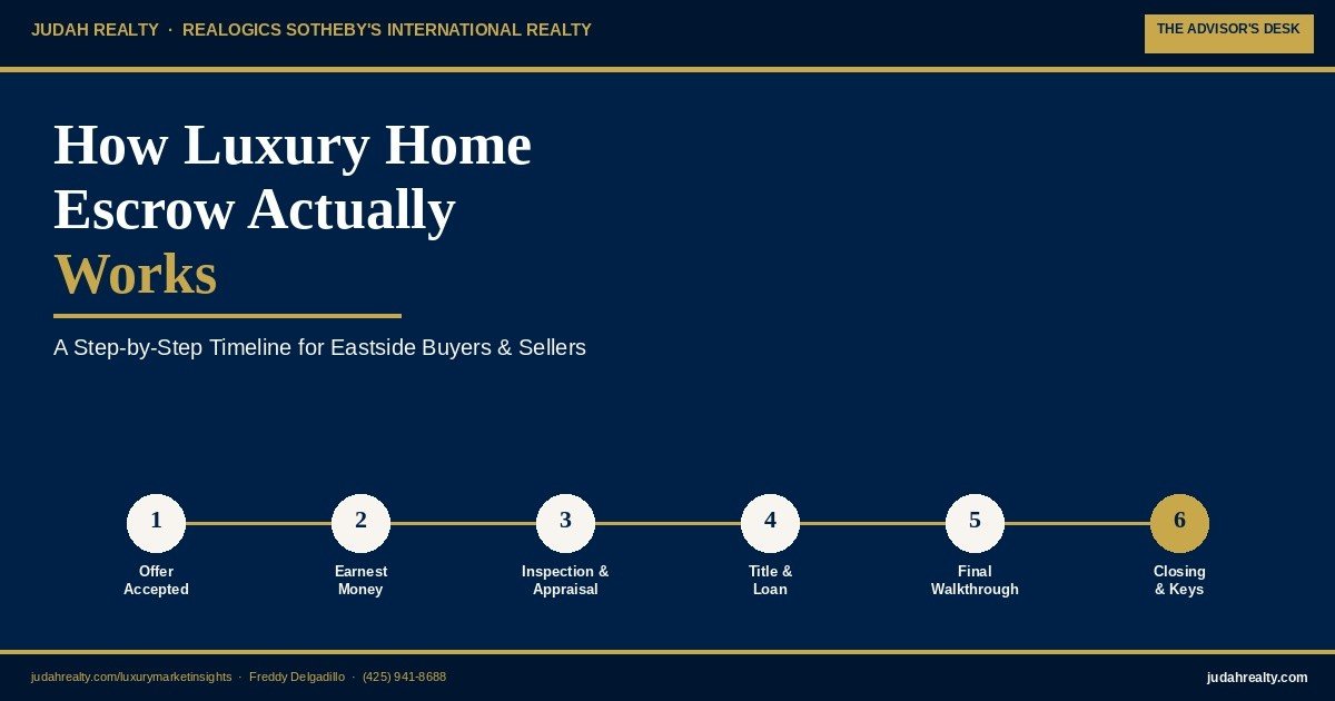 Infographic showing the 6-step escrow timeline for luxury home  purchases on the Eastside — offer accepted, earnest money, inspection  and appraisal, title and loan, final walkthrough, closing and keys