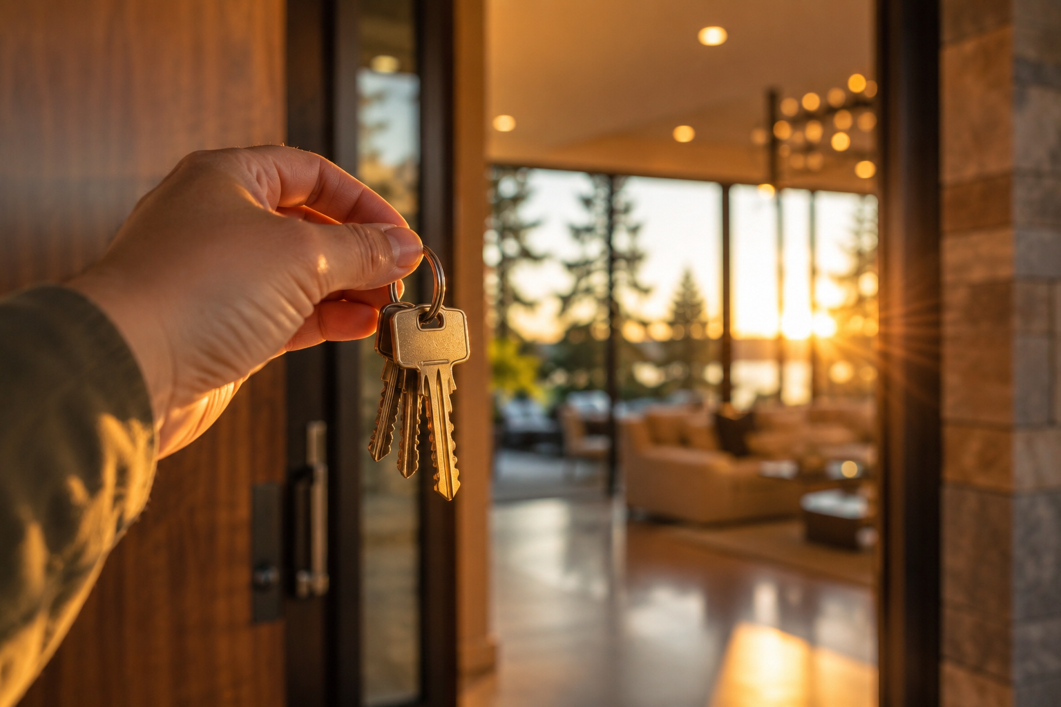 Hand holding house keys at the open front door of a luxury Eastside  home during golden hour, with mountain and lake views visible inside  — closing day on an Eastside real estate transaction