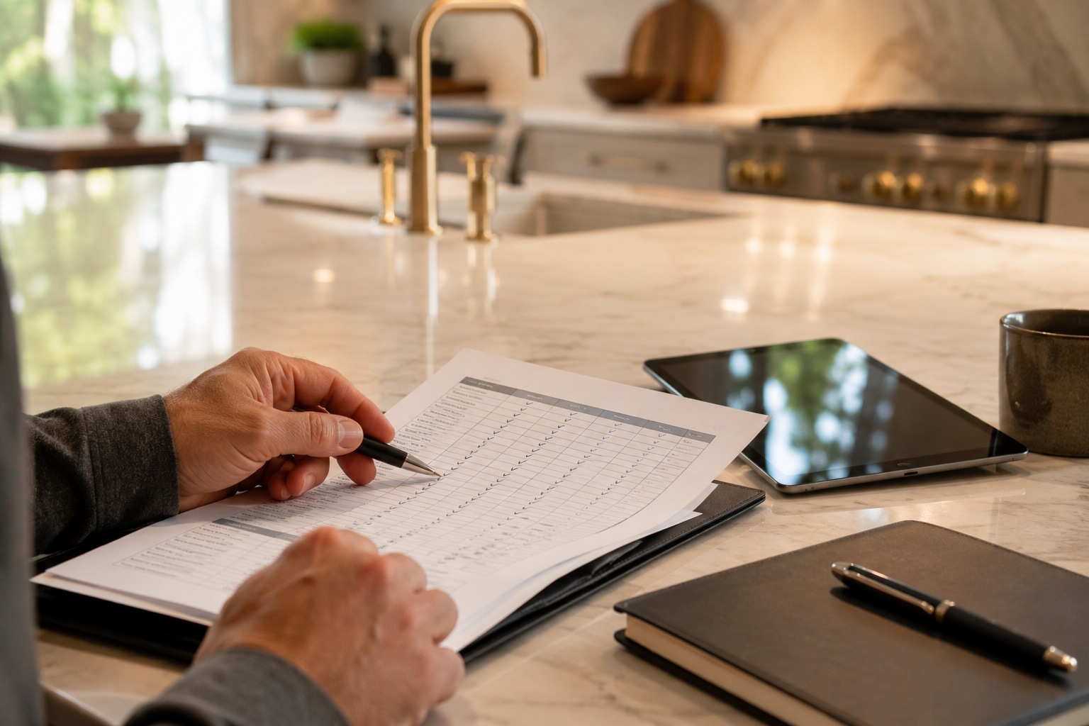Real estate advisor reviewing a documented home upgrade and  finishes list with an appraiser in a luxury Eastside kitchen