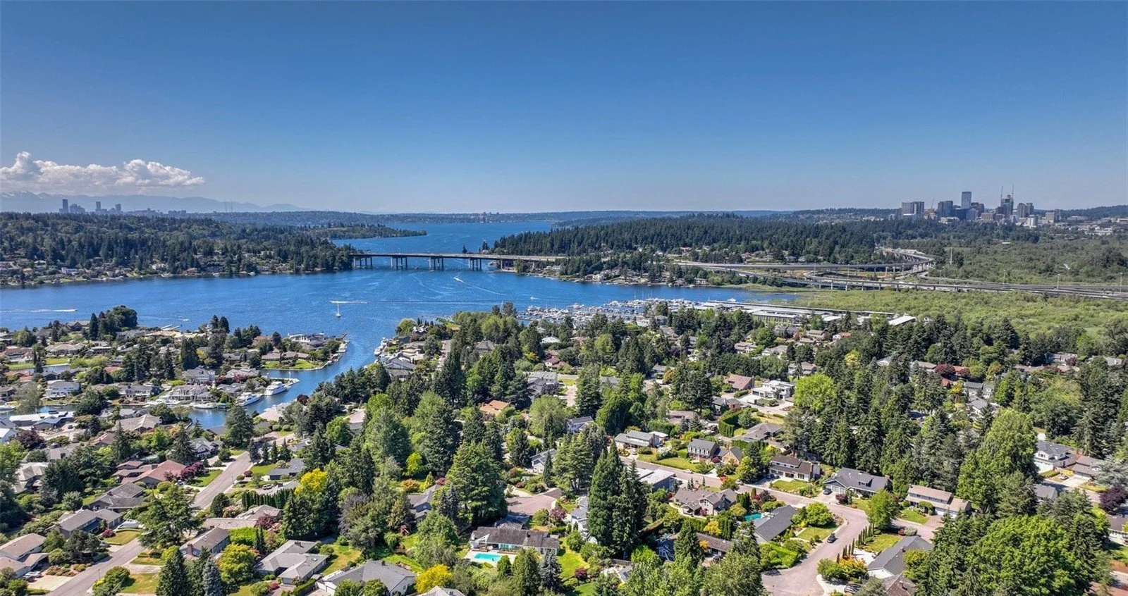 Aerial view of Newport Shores neighborhood on Lake Washington, Bellevue WA — canal waterways and the iconic Keys streets