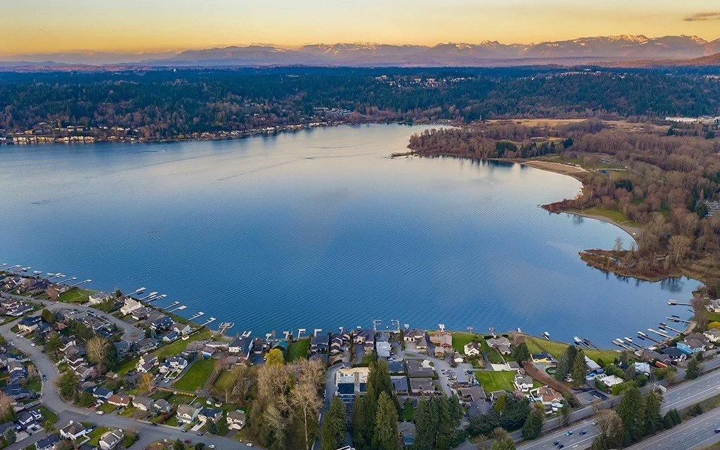 Stunning Lake Sammamish waterfront view from South Cove Issaquah with private beach access and Olympic Mountain backdrop