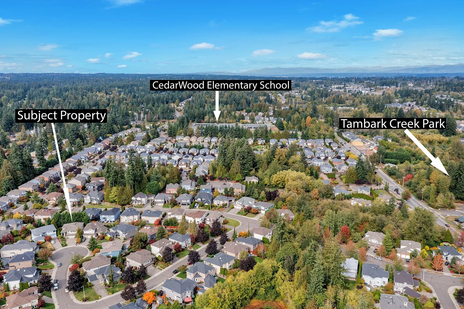 Aerial view showing proximity to Cedar Wood Elementary and Tambark Creek Park