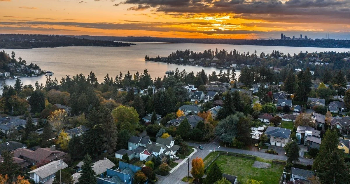 Aerial sunset view of Eastside Seattle Lake Washington luxury real estate market Q2 2026