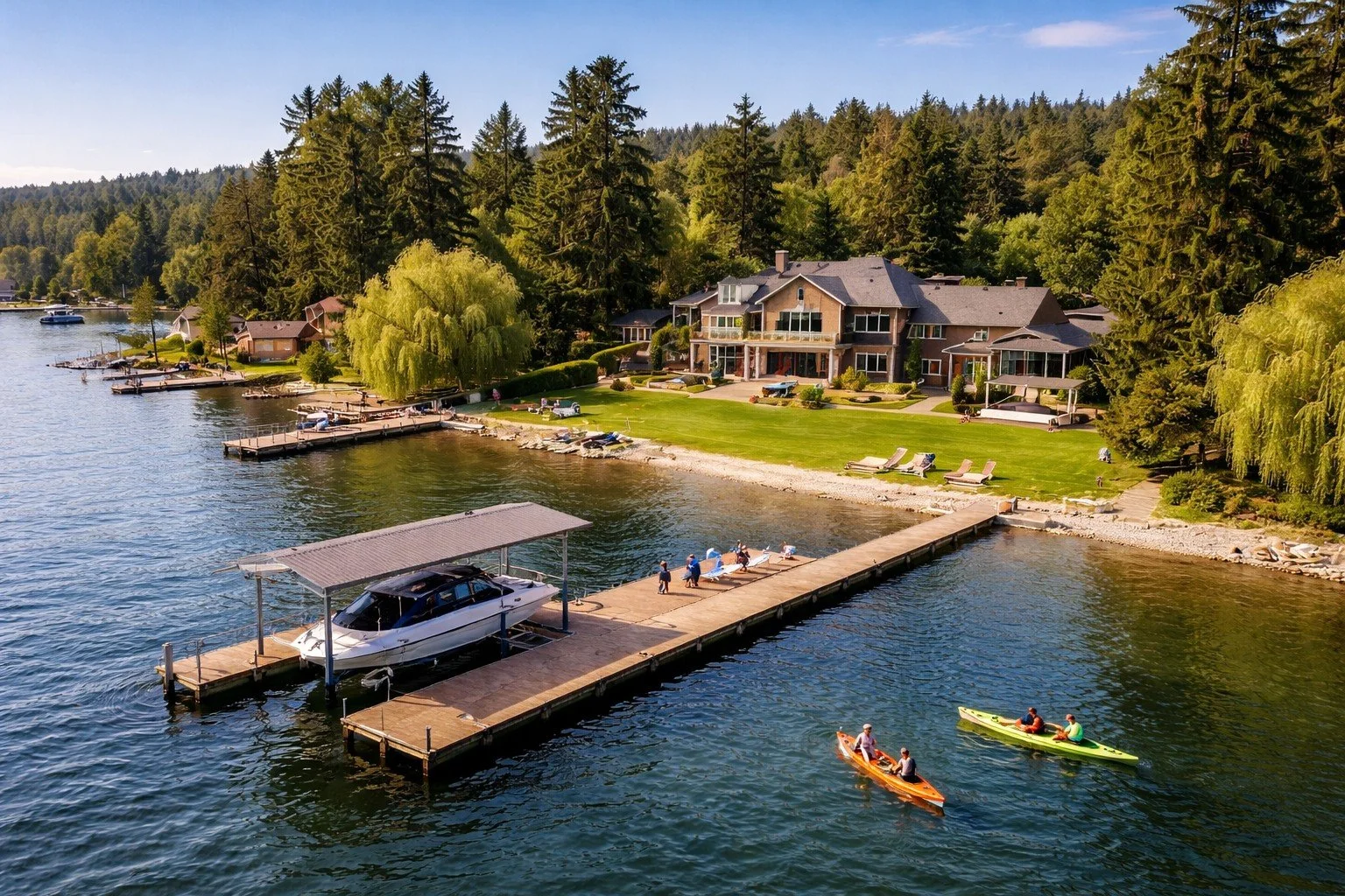 Lake Sammamish waterfront home with 130 feet of private shoreline and family dock with boat lift in Sammamish Washington
