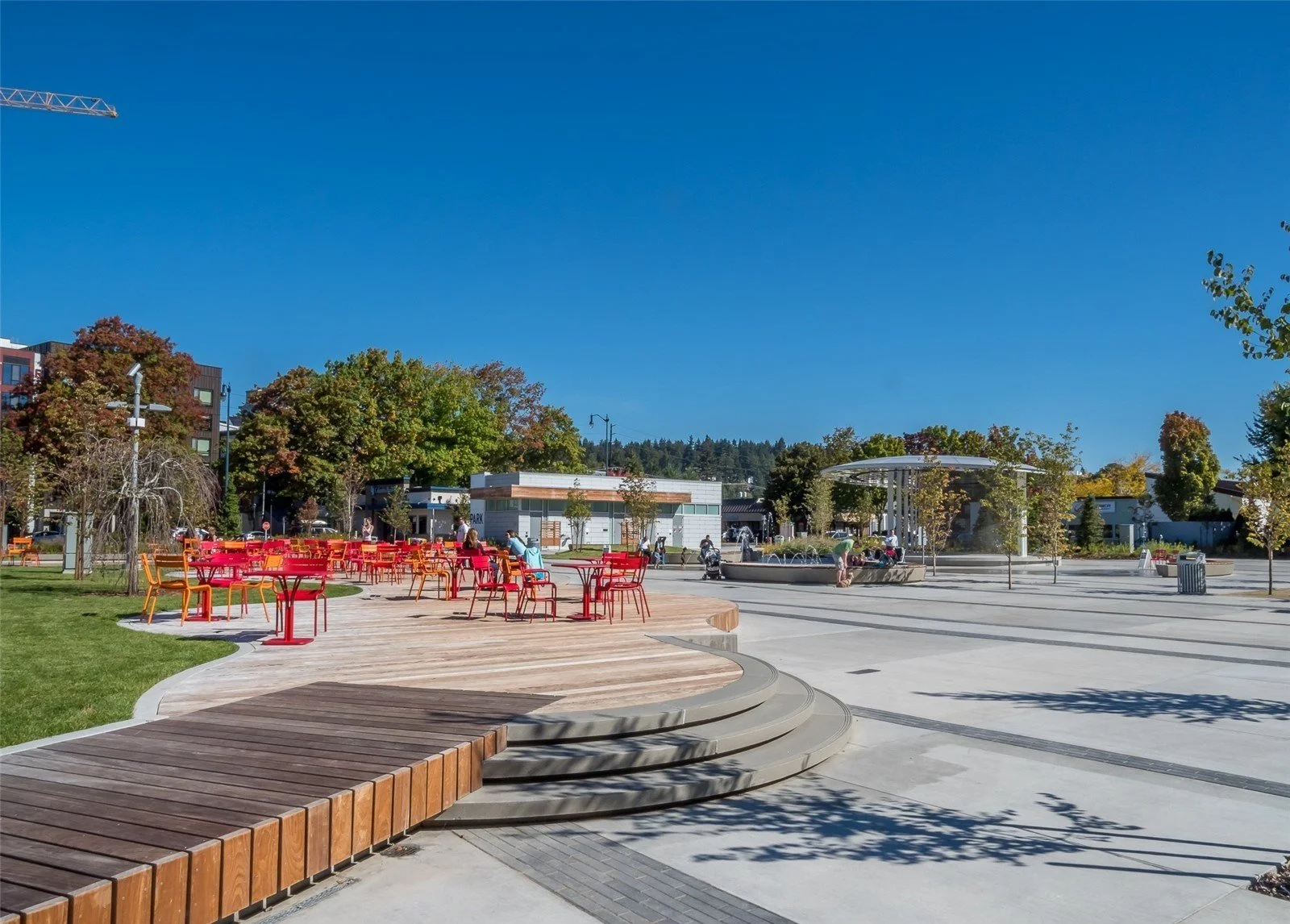 Redmond Town Center plaza with outdoor seating and fountain in Downtown Redmond