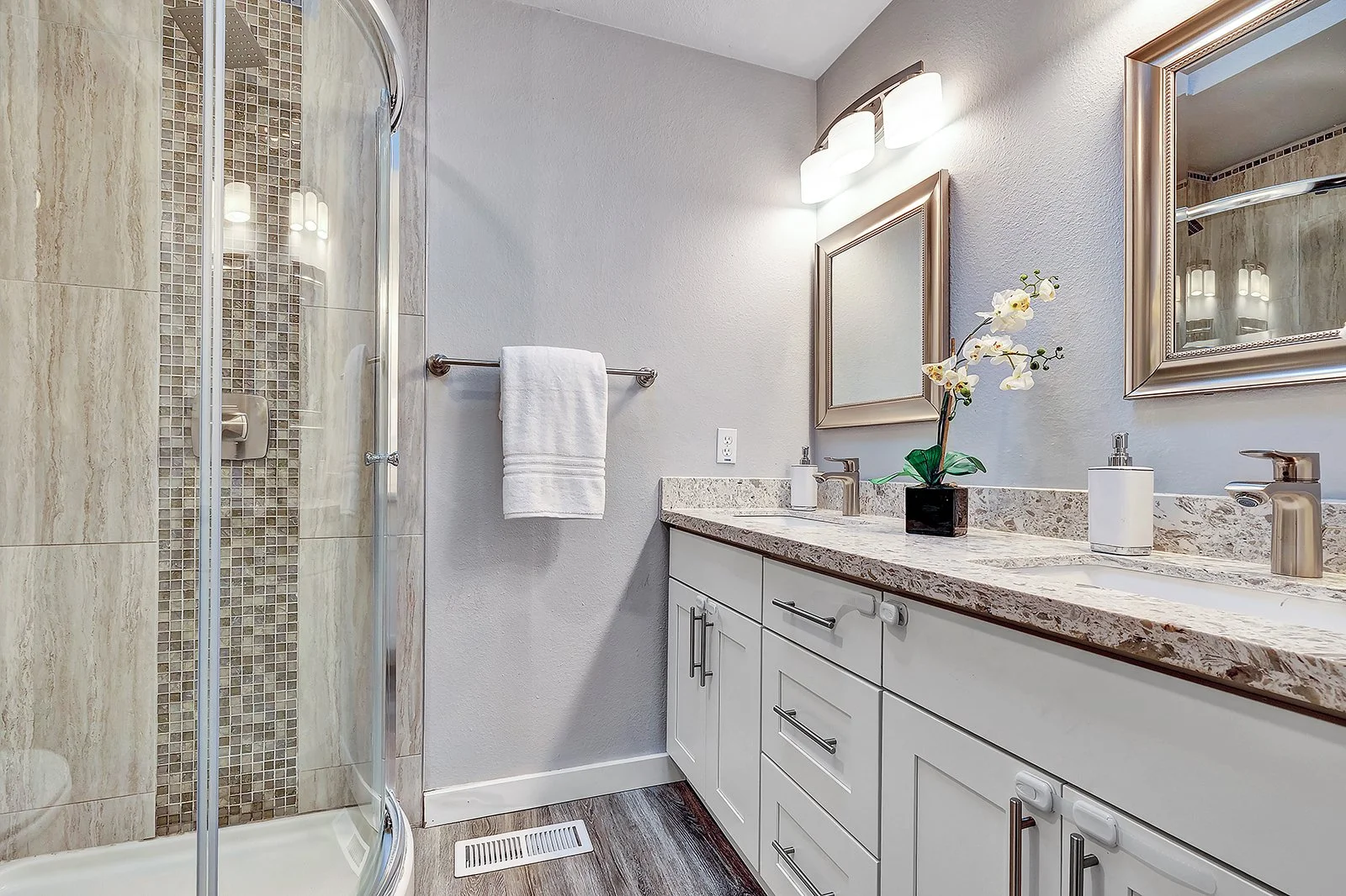 Updated primary bathroom with modern fixtures and finishes in Finn Hill Kenmore home offering comfort and style for daily routines