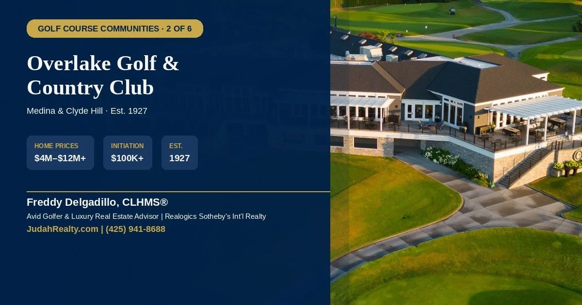 Aerial view of Overlake Golf and Country Club clubhouse in Medina WA, with Bellevue homes in the background