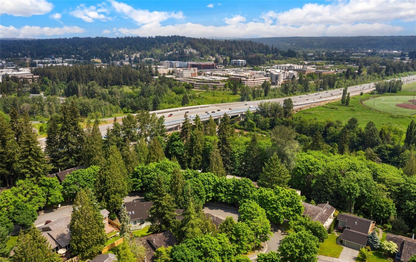Aerial view of Overlake Redmond neighborhood homes near SR 520 and Microsoft campus