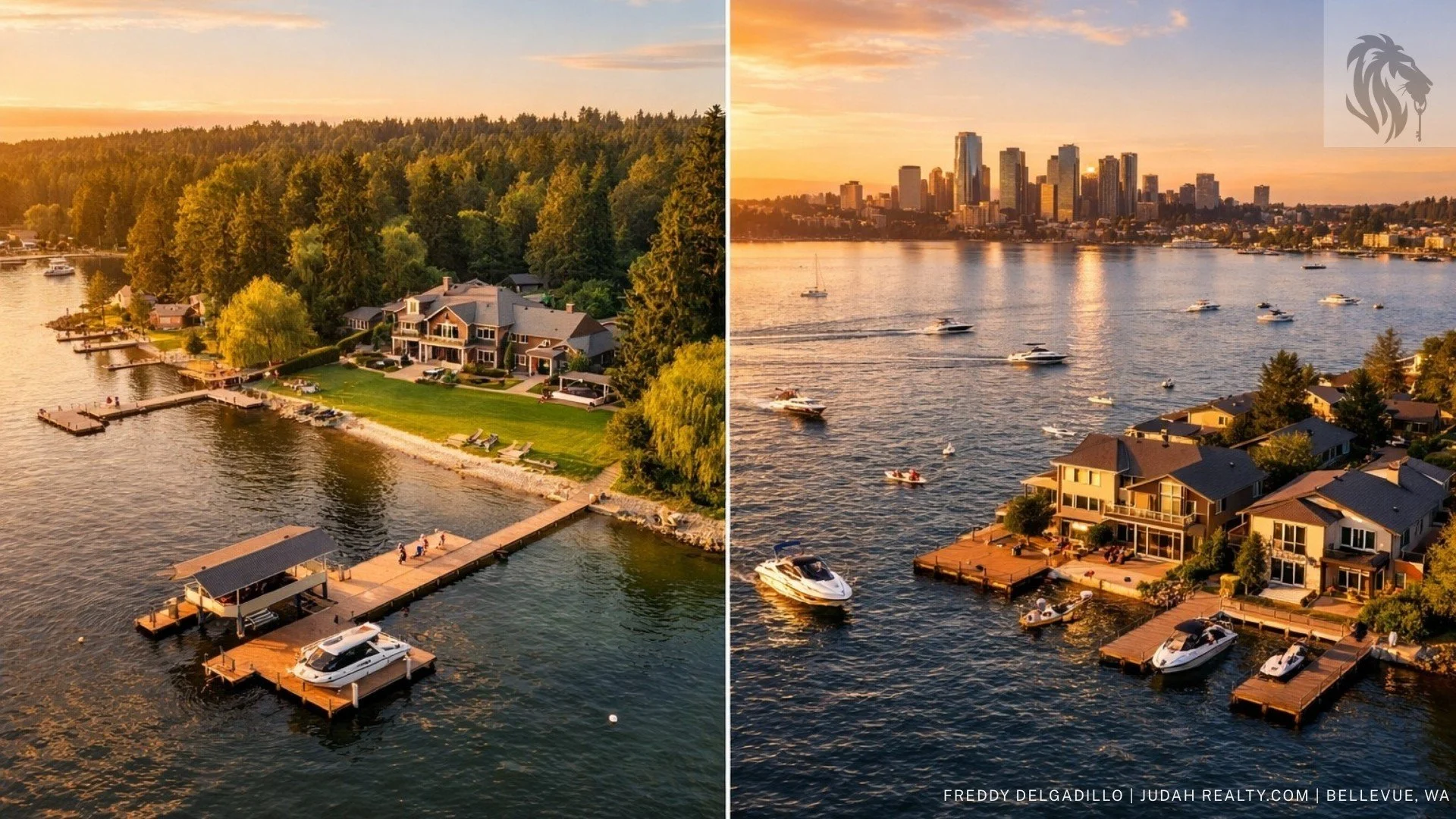 Aerial comparison of Lake Sammamish spacious waterfront estates and Lake Washington urban waterfront homes in Bellevue Kirkland