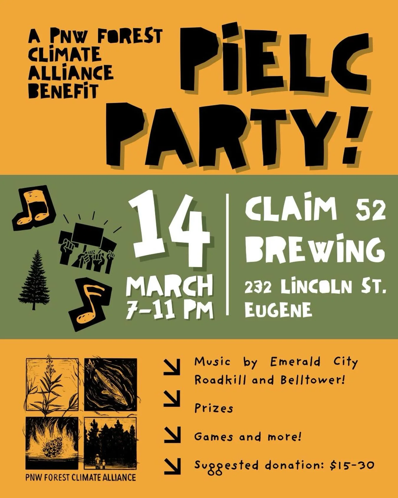 🎉Mark your calendars! 🎉
Our annual PIELC party is right around the corner. Join us for live music by @emeraldcityroadkill and @b3lltowerband &mdash; plus games, prizes, and more! 
This event is a benefit for the PNW Forest Climate Alliance. Suggest
