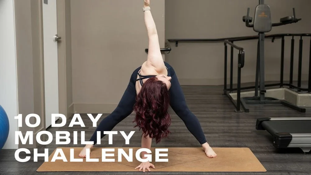 Title card for the October 10 Day Mobility Challenge. White text "10 Day Mobility Challenge" on a background of a woman doing a yoga pose wide leg forward fold with a twist.