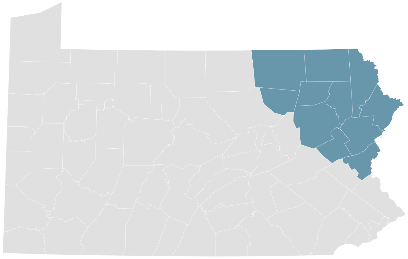 Map of Pennsylvania with eligible counties highlighted