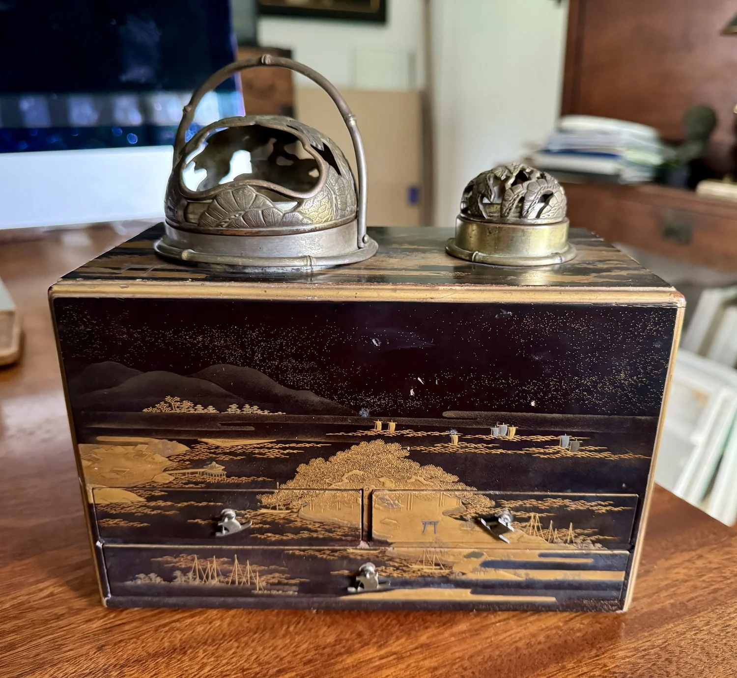 Japanese Meiji Antique Lacquer Box Smoking Brazier Hibachi