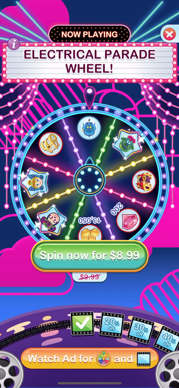 Animated gif of the Ad Prize Wheel game feature in mobile game Disney Emoji Blitz.