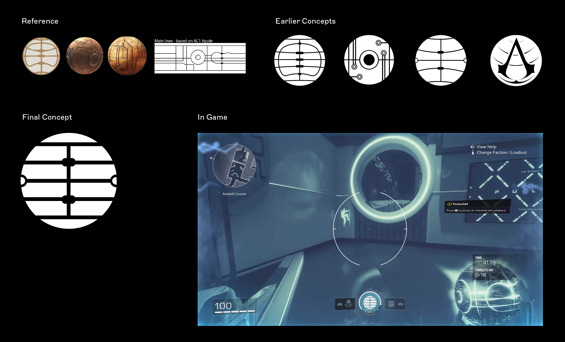Image displaying reference art, early concepts and the final icon design for Assassins Apple of Eden Icon used in the In-Game HUD