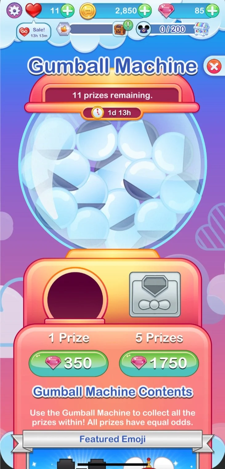 Screenshot of the Gumball Machine game feature in mobile game Disney Emoji Blitz.