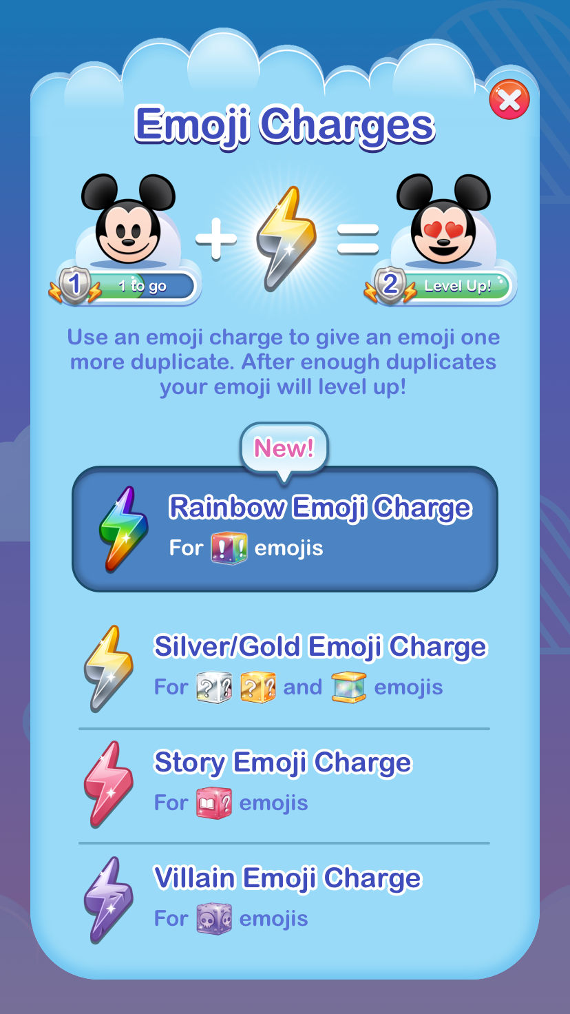 Screenshot of the Emoji Charges info popup game feature in mobile game Disney Emoji Blitz.