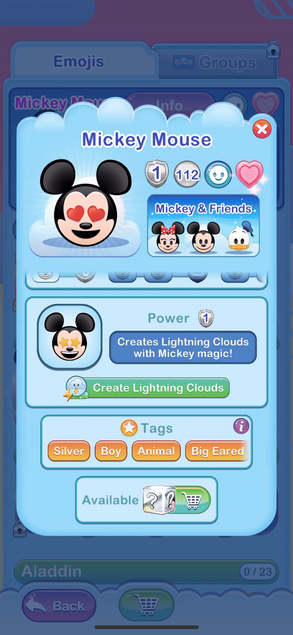Animted gif of the Emoji Search section in mobile game Disney Emoji Blitz.