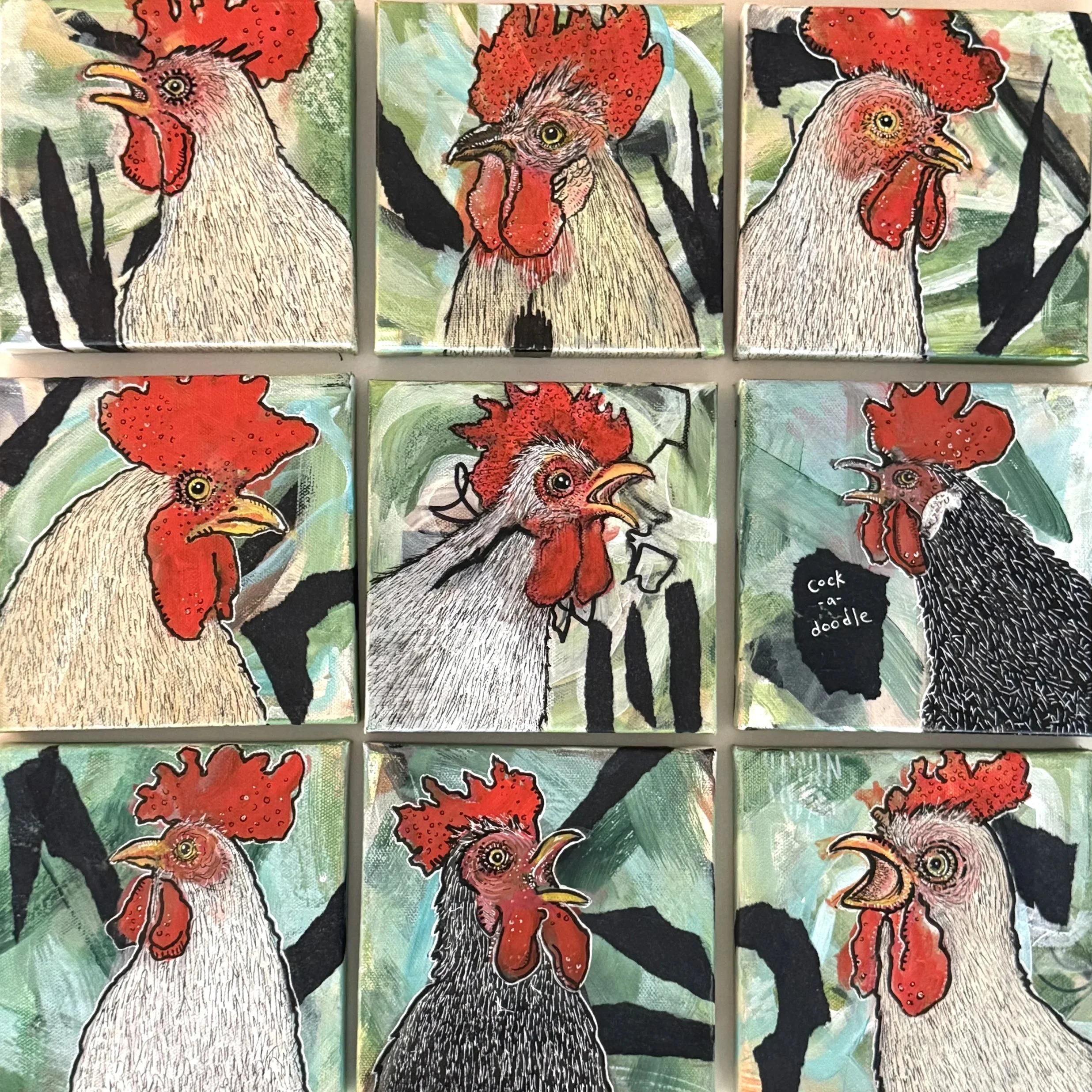 Rooster Heads 1-9 6”x6” each Mixed Media