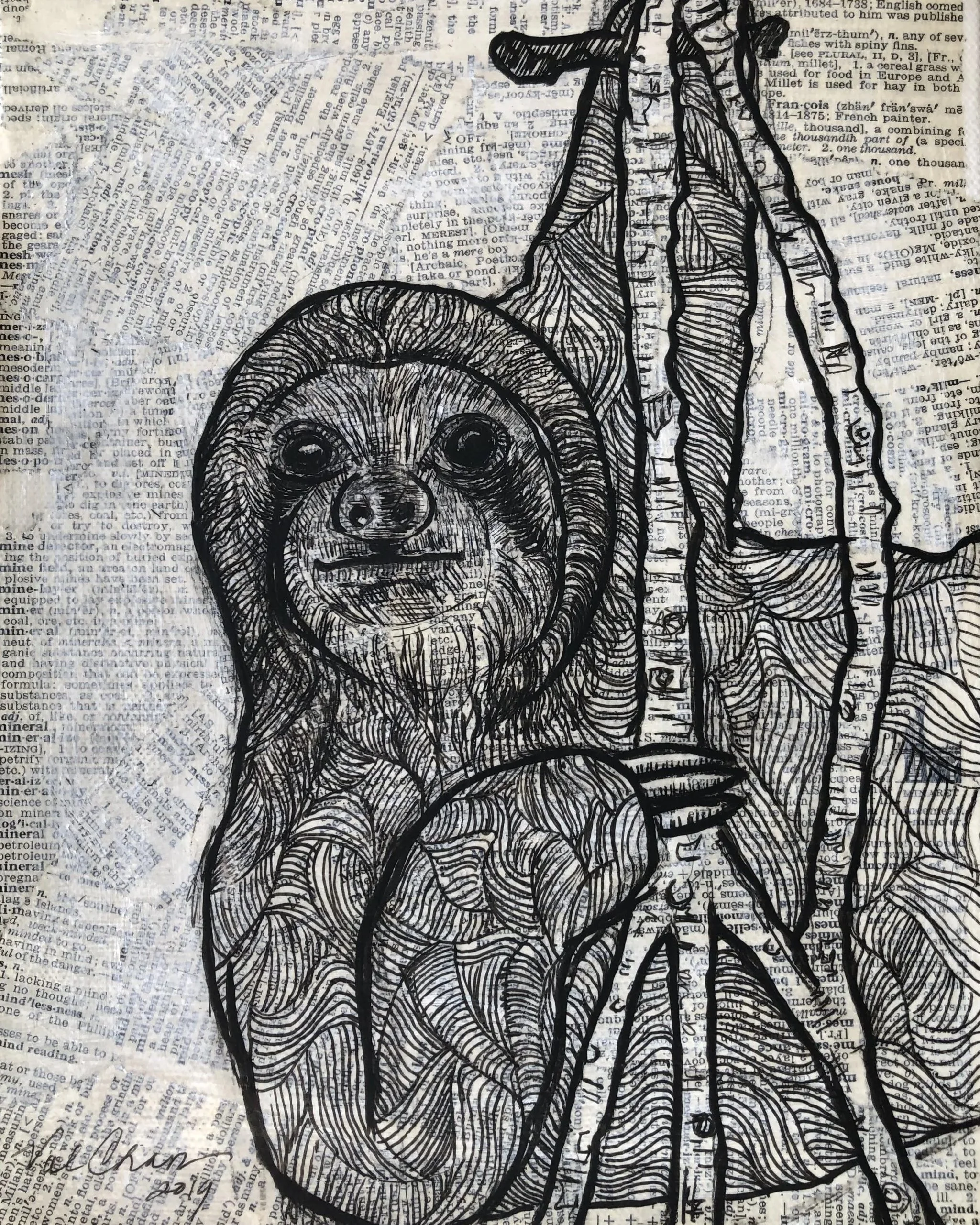 The Jungle Set: Three-toed Sloth 8”x10” Mixed Media
