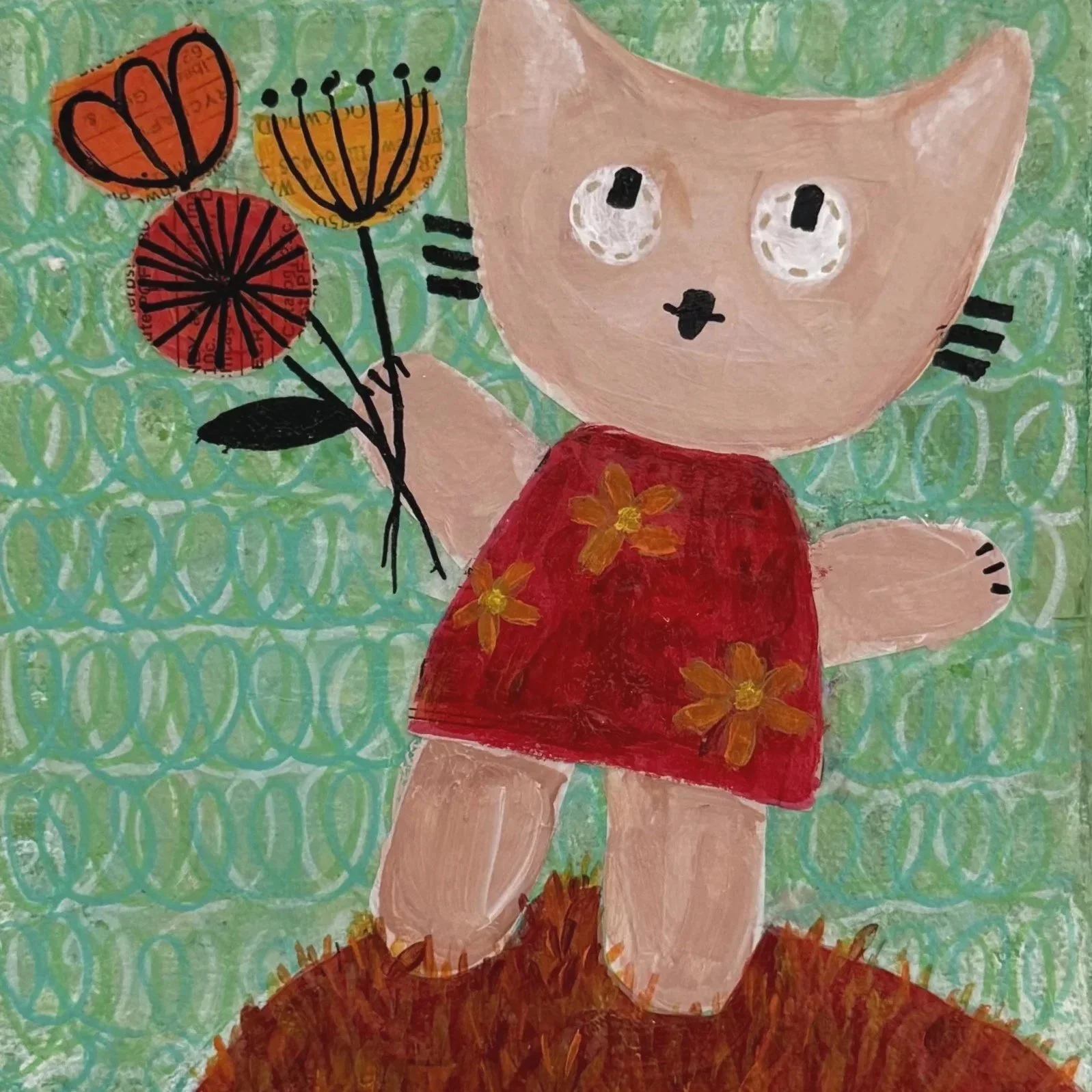 Dumpster Kitty with Bouquet 6”x6” Mixed Media