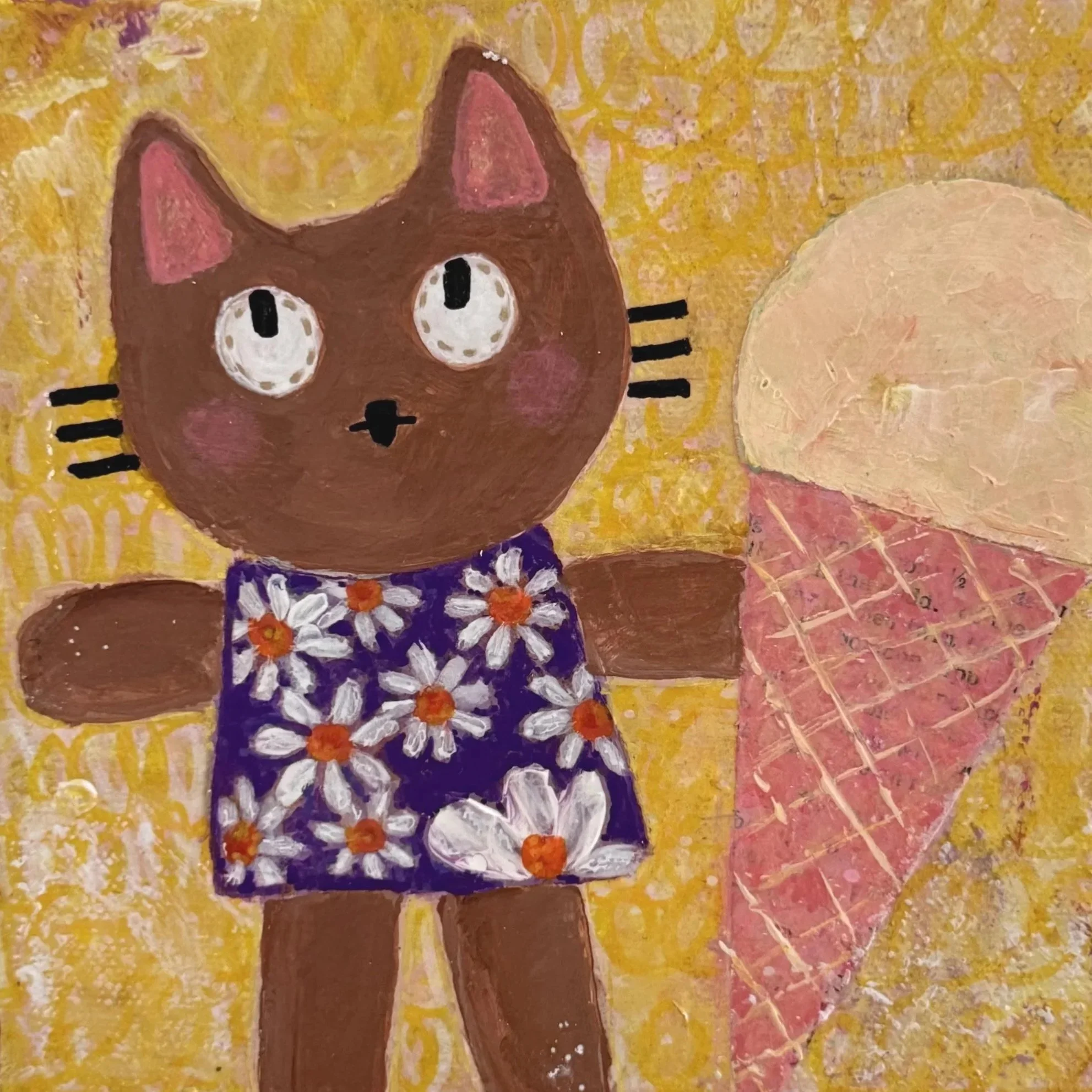 Dumpster Kitty Eats Ice Cream 6”x6” Mixed Media