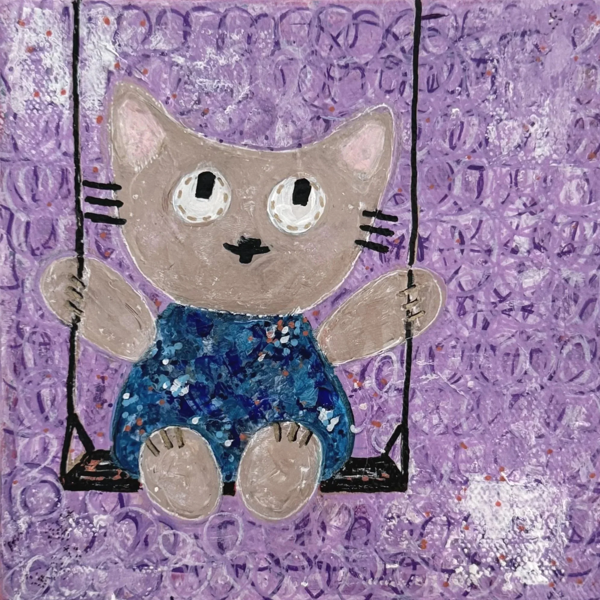 Dumpster Kitty on the Swings 6”x6” Mixed Media