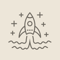 A simple line drawing of a rocket launching with smoke and stars around it.