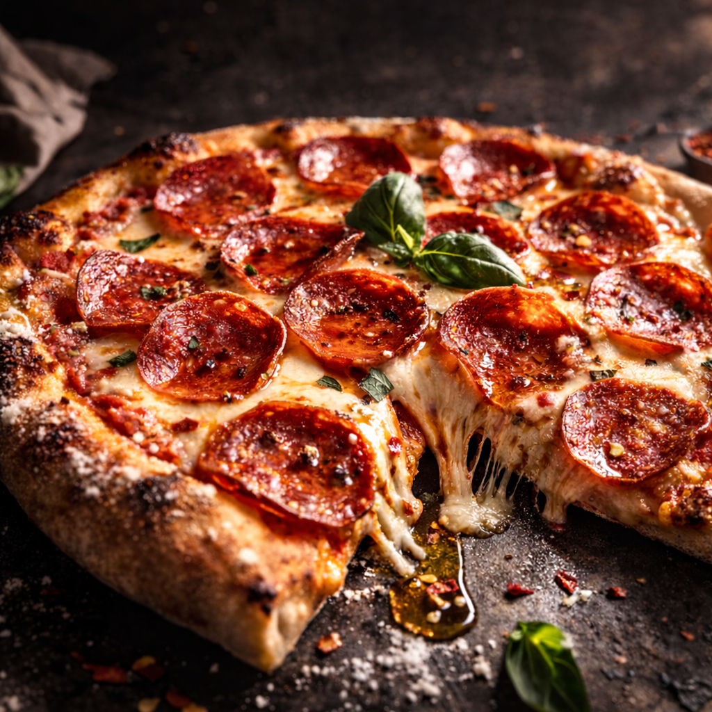 Pepperoni pizza with a thick, charred crust and melting cheese pull on a dark, rustic surface.