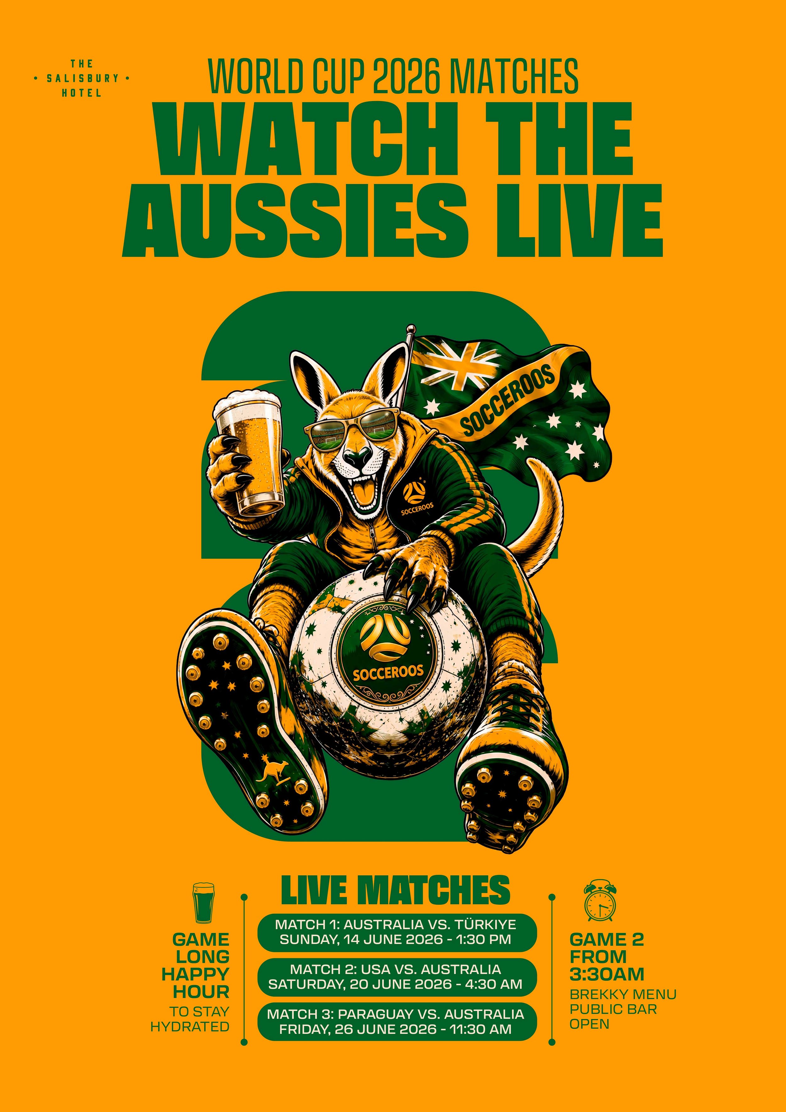 Watch the Socceroos Live at Salisbury Hotel, Salisbury.