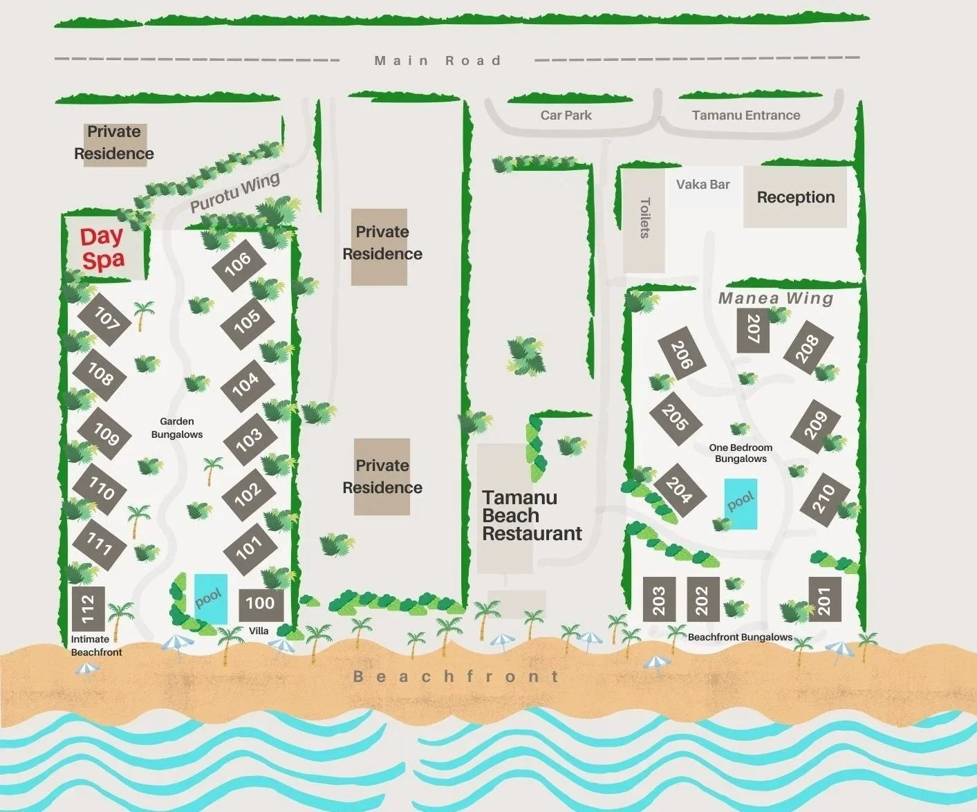 A resort map showing beachfront bungalows numbered 100 to 112 on the left side, private residences, a Tamanu Beach Restaurant, and Manee Wing with bungalows numbered 203 to 210 on the right. There are pools, gardens, a reception, a car park, toilets, a Vaka Bar, and entrance points from the main road, with green vegetation surrounding the area.