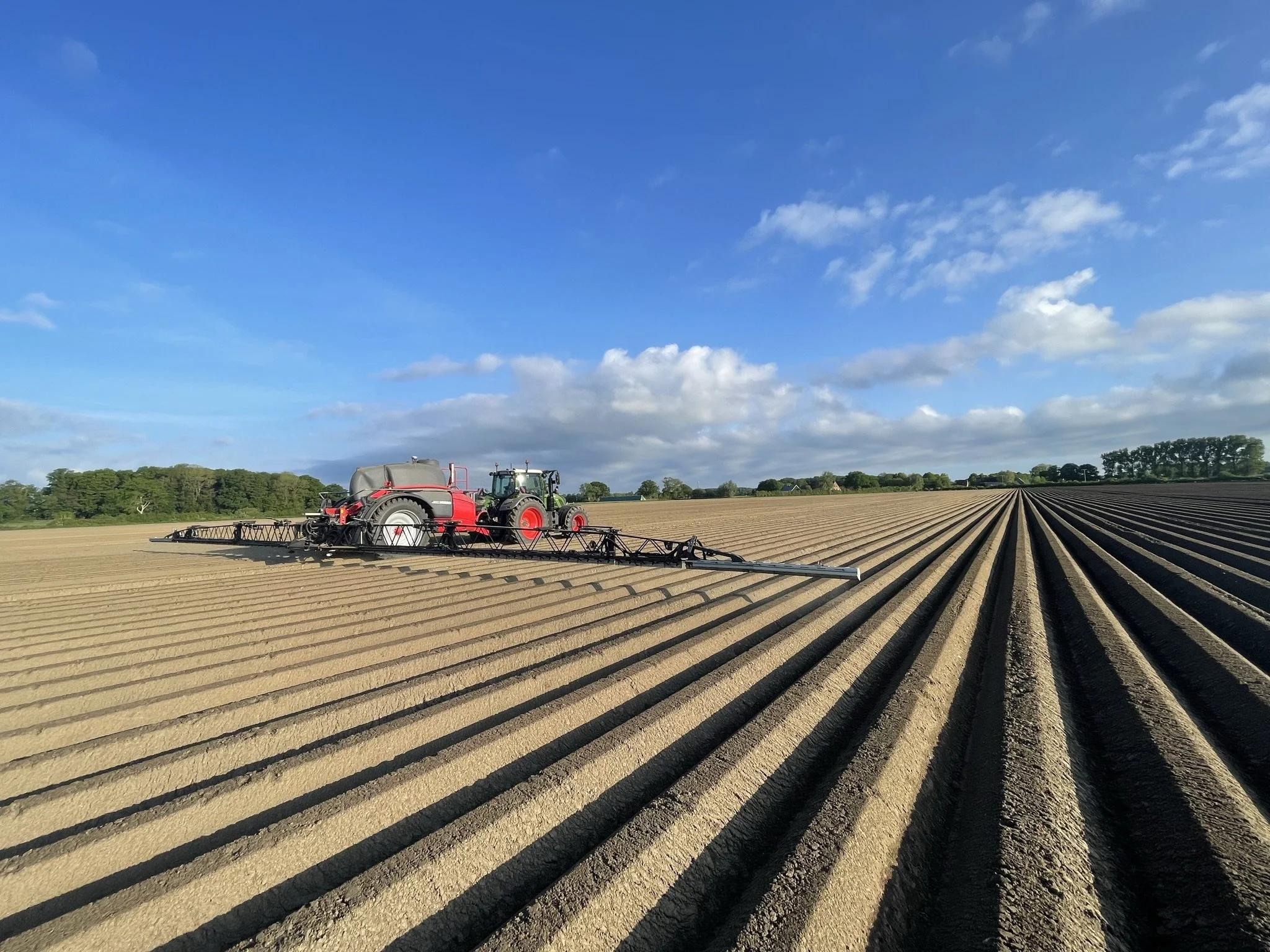 Ein roter Traktor mit einer großen landwirtschaftlichen Spritzmaschine im Weizenfeld bei Sonnenlicht, im Hintergrund Bäume und ein blauer Himmel mit Wolken.