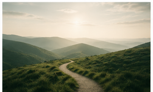 A dirt path winding through green rolling hills with mountains in the background under a cloudy sky.
