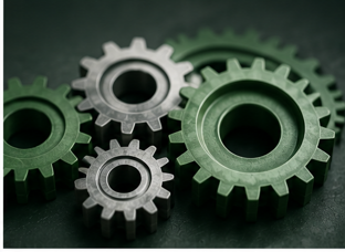 Several green and silver gears interconnected on a dark background