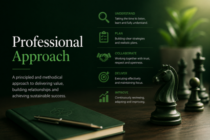 Andy Walmsley's digital graphic outlining a professional approach with steps: understand, plan, collaborate, deliver, improve. Features a green and black color scheme, a chess piece, and a potted plant in the background.