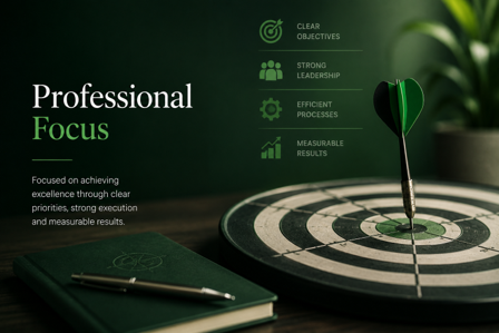 Andy Walmsley's business presentation slide titled 'Professional Focus', featuring a dart hitting the bullseye of a target, a notepad, pen, and icons representing clear objectives, strong leadership, efficient processes, and measurable results.